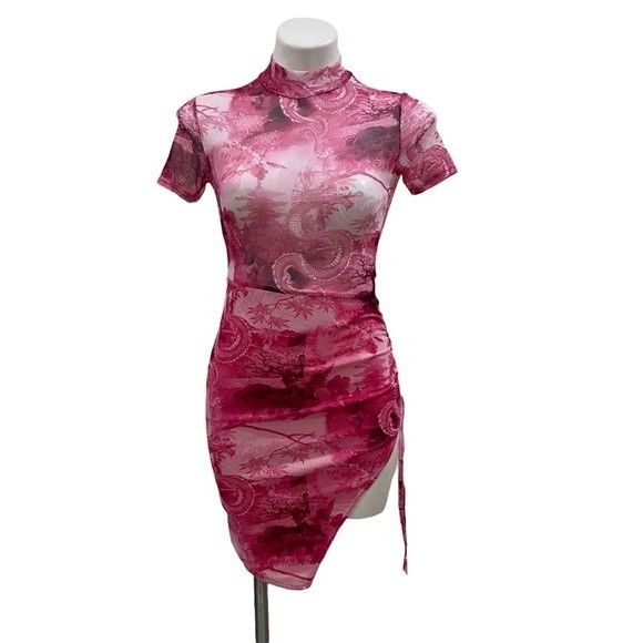 PrettyLittleThing Dresses & Skirts - Pretty Little Thing Pink mesh dress with beautiful Asian inspired print sz XS 2